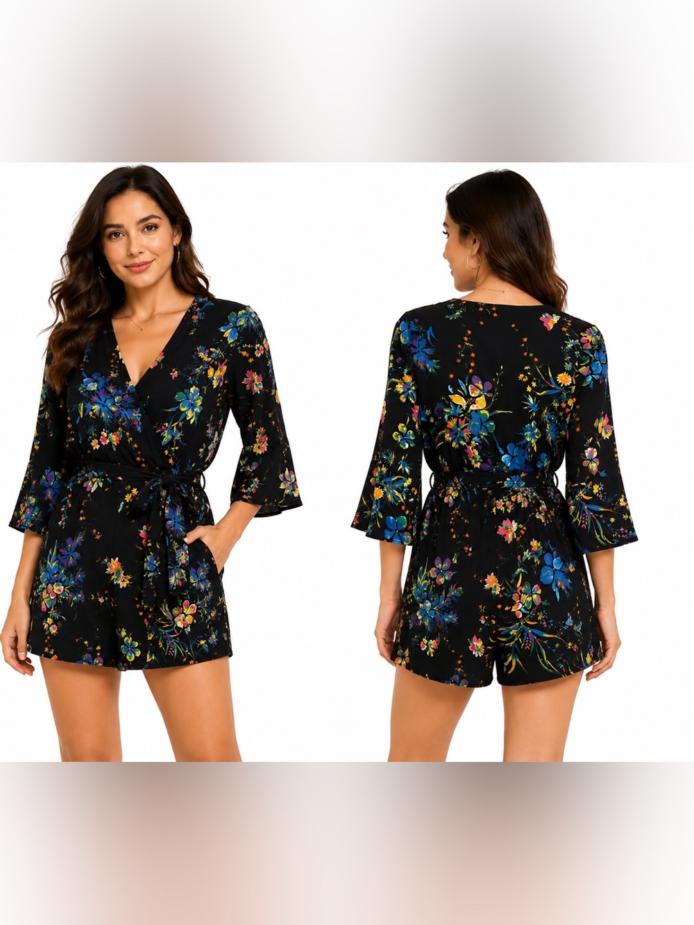 DEX Black Multicolor Floral Romper Size M NWT
